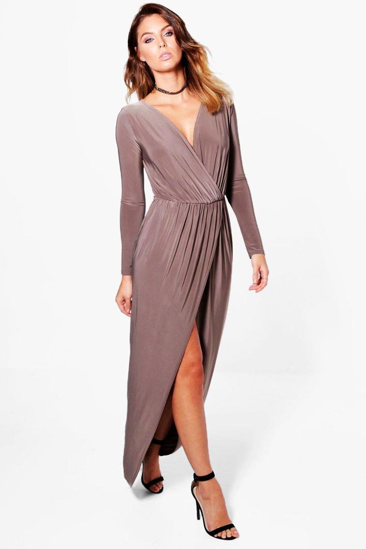 Boohoo Arianna Slinky Wrap Top Maxi Dress Mocha