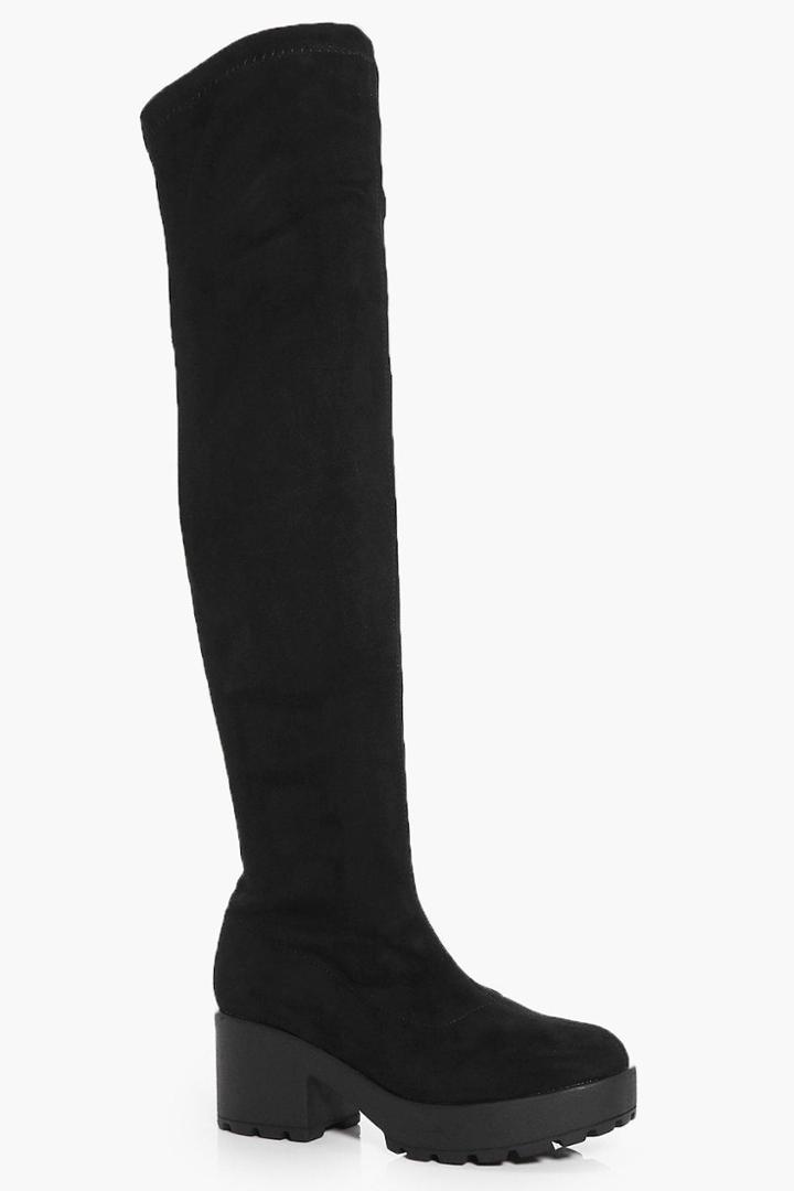 Boohoo Tia Cleated Chunky Sole Over The Knee Boot Black