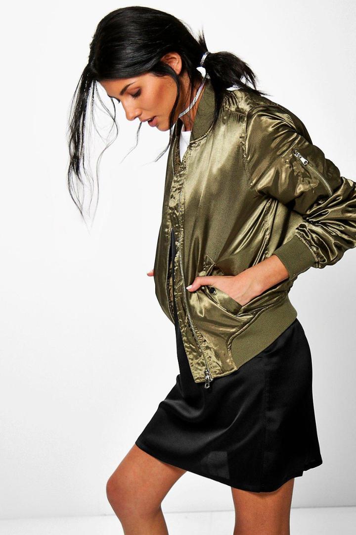 Boohoo Maisie Satin Ma1 Bomber Khaki