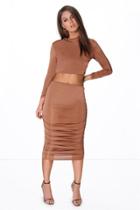 Boohoo Milli Rouched Sleeve Midi Skirt Co-ord Set Copper