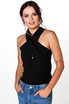 Boohoo Willow Compact Rib Wrap Front Halter Neck Top