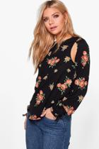 Boohoo Helena Printed Woven Cut Out Tie Sleeve Blouse Black