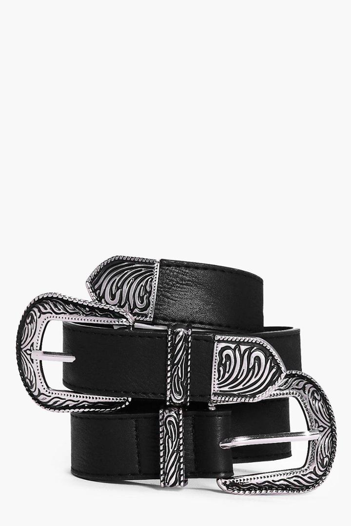 Boohoo Rose Western Double Buckle Skinny Belt Black