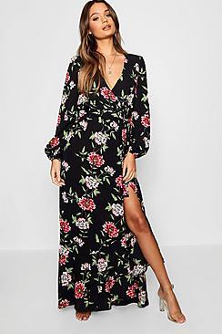 Boohoo Wrap Front Ruffle Hem Floral Maxi Dress
