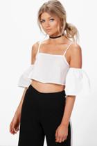 Boohoo Petite Lucile Woven Off The Shoulder Crop Top White