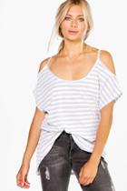 Boohoo Poppy Cold Shoulder Ribbed Stripe T-shirt White