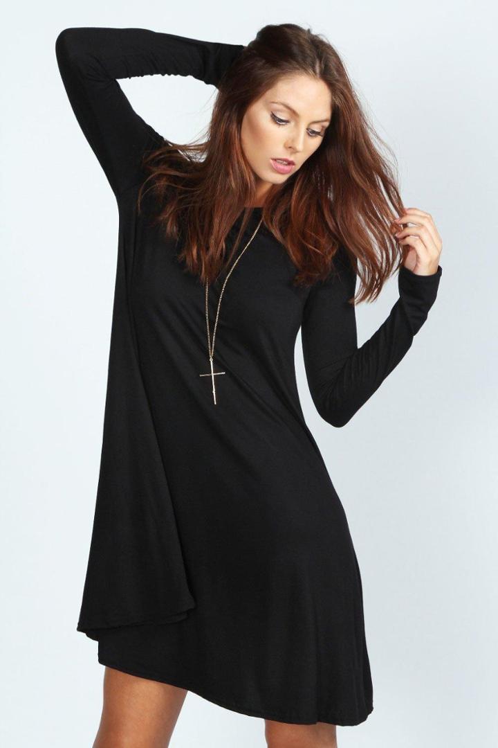 Boohoo April Scoop Neck Long Sleeve Swing Dress Black