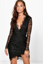 Boohoo Suvi All Over Lace Wrap Detail Bodycon Dress Black
