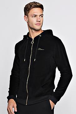 Boohoo Gold Man Embroidered Velour Zip Through Hoodie