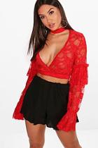 Boohoo Fiona Plunge Front Frill Sleeve Lace Top
