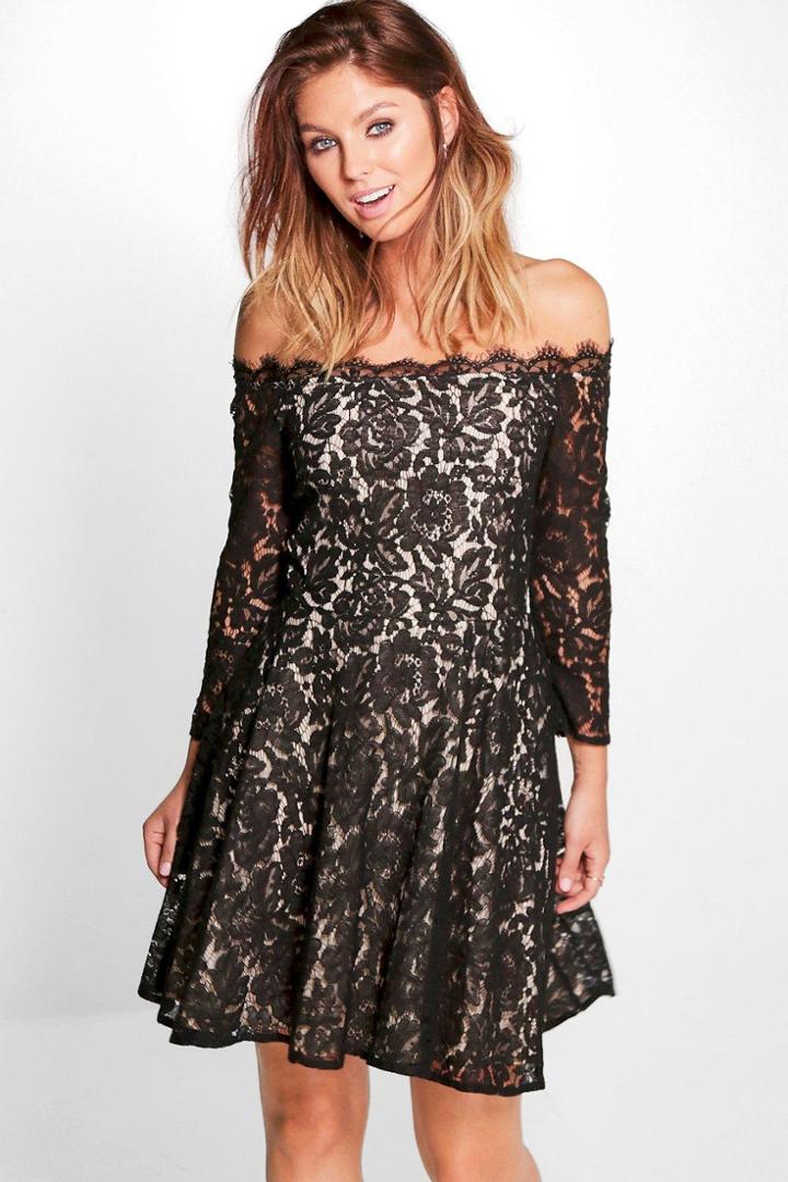 Boohoo Mia Eyelash Lace Off Shoulder Skater Dress Black