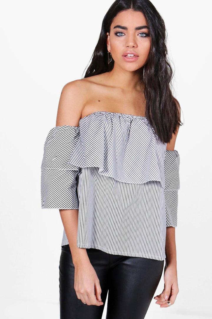 Boohoo Rebecca Ruffle Off The Shoulder Cotton Top Black