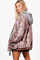 Boohoo Maisie Boutique Oversized Velvet Bomber With Hood