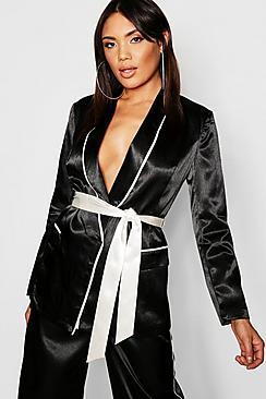 Boohoo Satin Contrast Piping & Belt Blazer