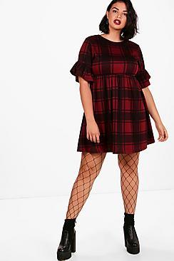 Boohoo Plus Megan Tartan Frill Sleeve Smock Dress
