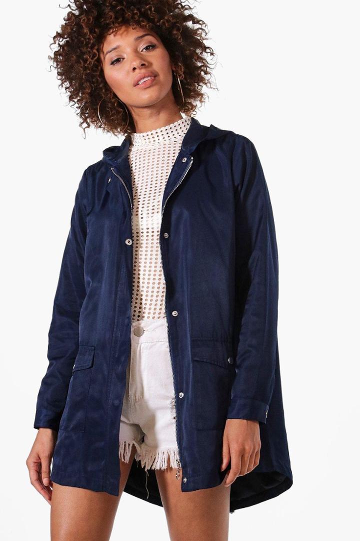 Boohoo Megan Dip Hem Hooded Parka Navy