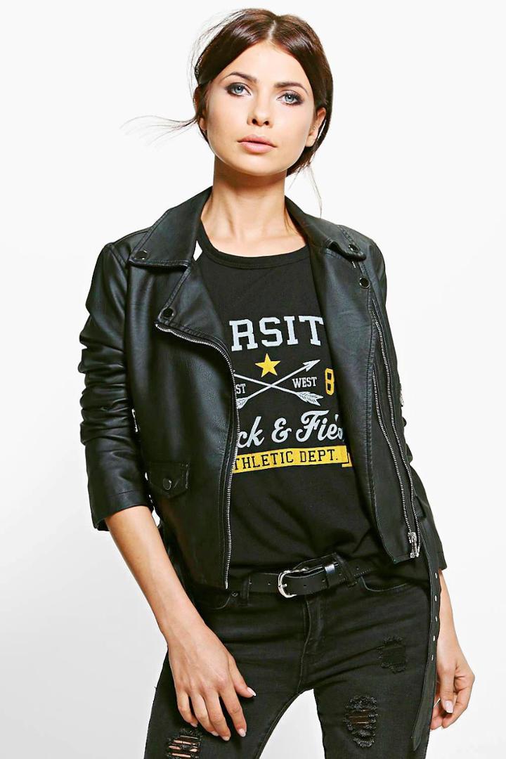 Boohoo Keira Faux Leather Biker Jacket With Belt Black