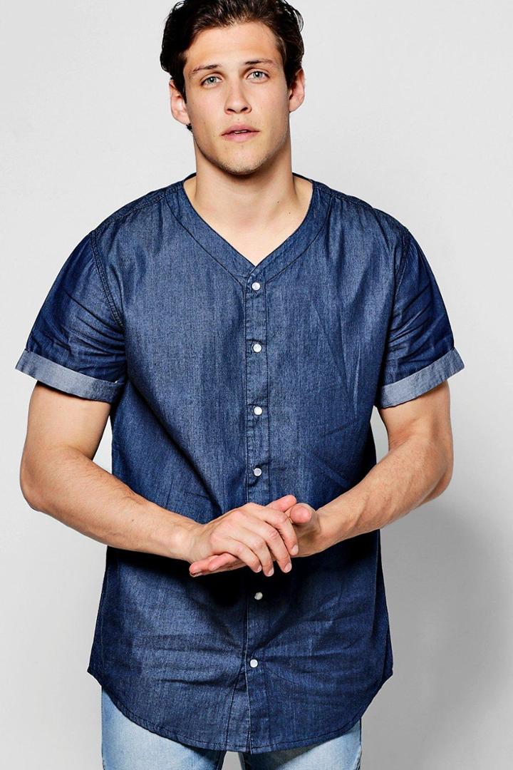 Boohoo Denim Chambray Baseball Shirt Indigo