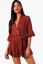 Boohoo Striped Wrap Flare Sleeve Playsuit