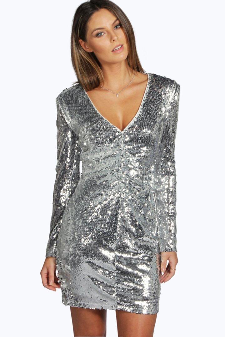 Boohoo Boutique Mina Sequin Plunge Neck Bodycon Dress Silver