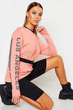 Boohoo Los Angeles Slogan Belted Long Sleeve Top