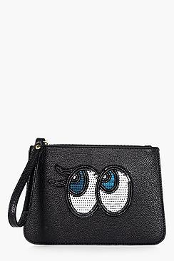 Boohoo Ebony Sequin Eyes Handstrap Clutch