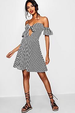 Boohoo Ava Tie Front Bardot Stripe Skater Dress