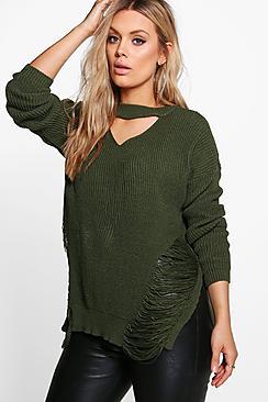 Boohoo Plus Samantha Distressed Choker Jumper