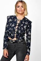 Boohoo Elsa Lace Up Floral Print Ruffle Blouse