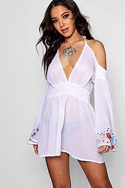 Boohoo Alice Embroidered Halter Neck Beach Dress