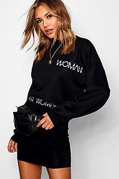 Boohoo Riley Woman Slogan Open Back Sweat Top