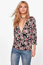 Boohoo Nora Dark Floral Wrap Front Blouse