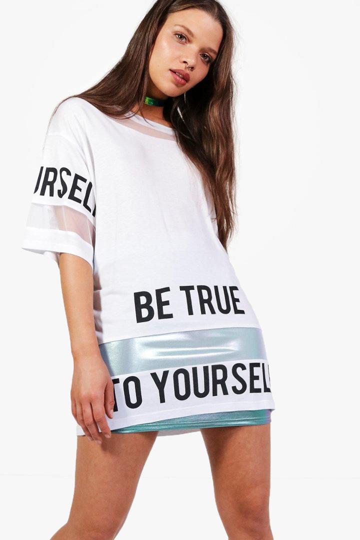 Boohoo Lucy Slogan Mesh Border Tee White