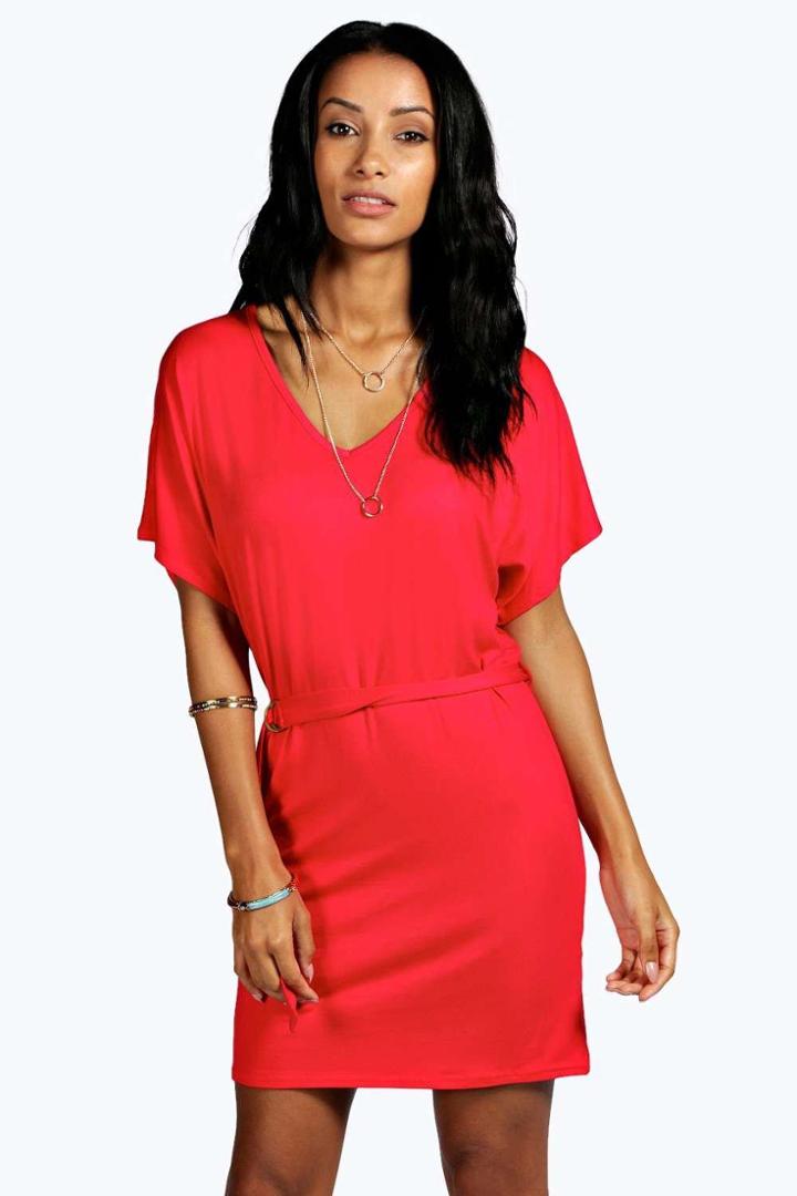 Boohoo Bella Batwing Tie Shift Dress Red