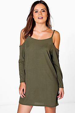 Boohoo Daphne Ribbed Cold Shoulder Shift Dress