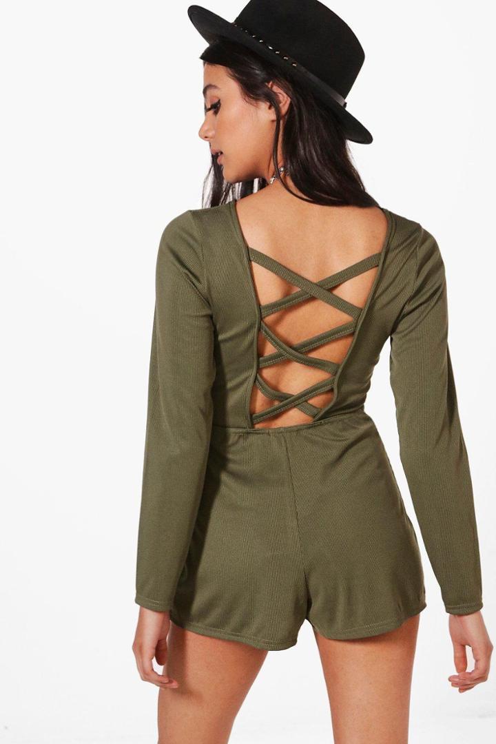 Boohoo Aylin Ribbed Lattice Back Playsuit Khaki