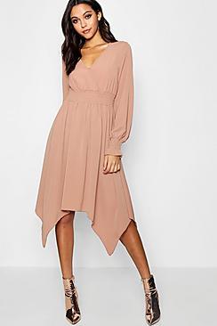 Boohoo Shirred Waist Hanky Hem Midi Dress