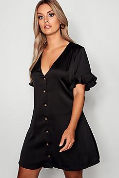 Boohoo Plus Frill Sleeve Satin Shirt Dress