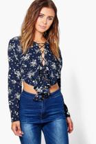 Boohoo Petite Emelie Lace Up Floral Print Ruffle Blouse Navy