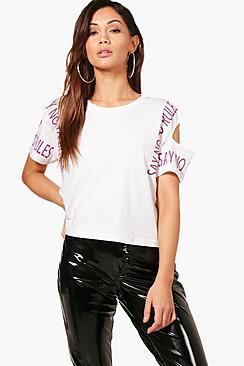 Boohoo Petite Kelly Cold Shoulder Slogan Tee