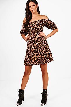 Boohoo Cait Lace Up Front Off Shoulder Skater Dress