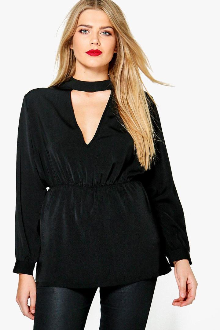 Boohoo Plus Tana Choker Detail Peplum Blouse Black