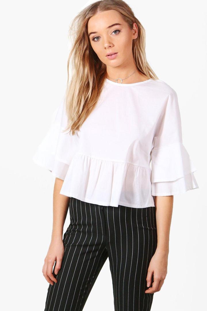 Boohoo Lana Ruffle Sleeve Smock Top White
