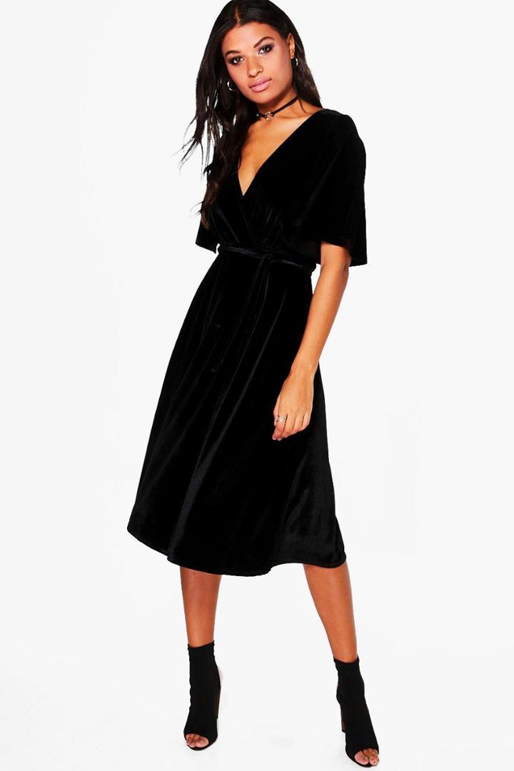 Boohoo Rhia Velvet Wrap Midi Dress Black