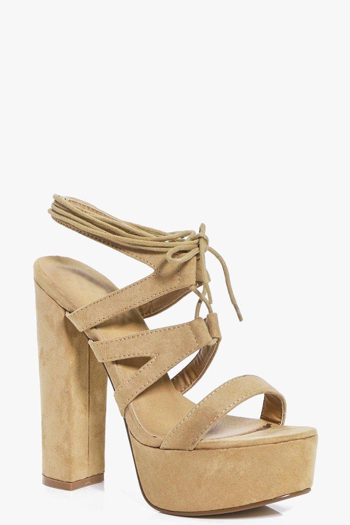 Boohoo Daisy Suedette Wrap Strap Platform Heels Mocha
