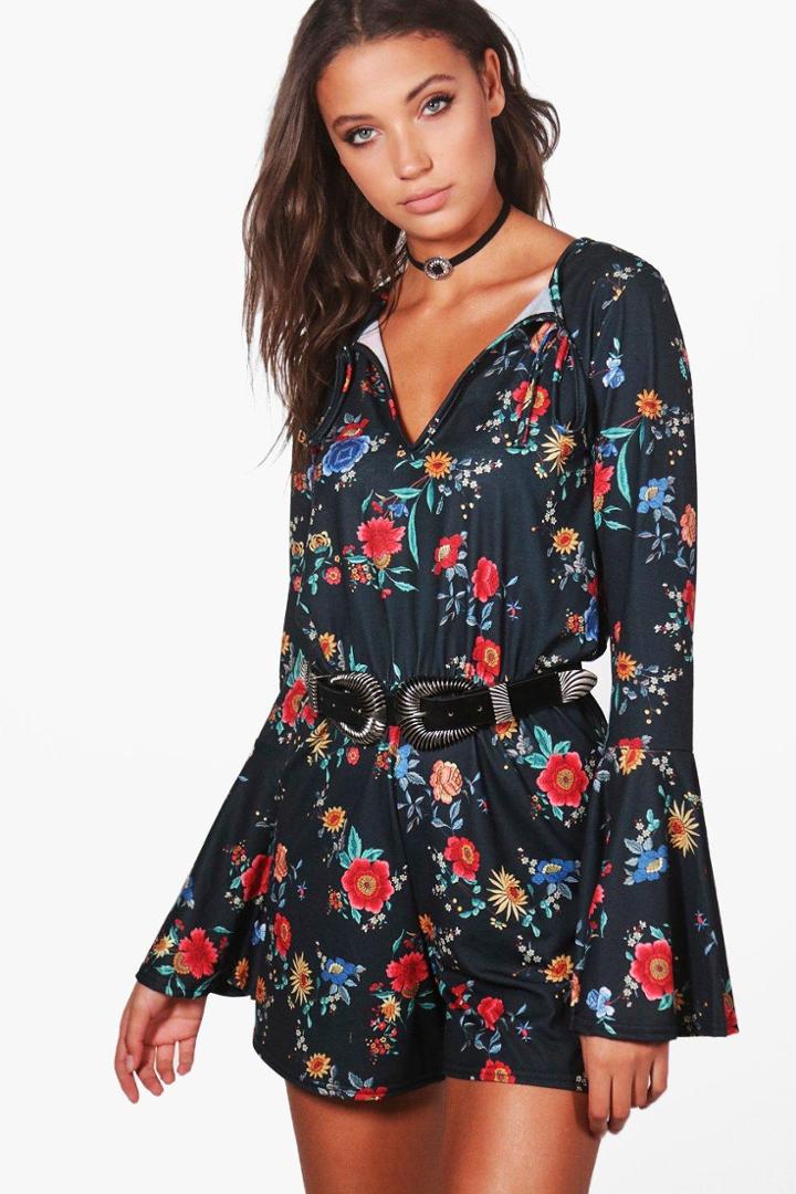 Boohoo Tall Annabel Tie Front Flared Sleeve Floral Playsuit Multi