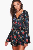Boohoo Tall Annabel Tie Front Flared Sleeve Floral Playsuit Multi