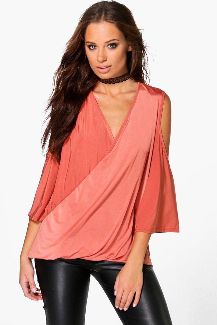 Boohoo Rosie Slinky Drape Wrap Cold Shoulder Top Rose