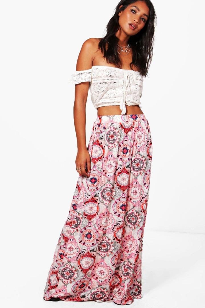 Boohoo Lyla Moroccan Tile Print Floor Sweeping Maxi Skirt Pink