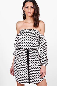 Boohoo Tess Printed Off The Shoulder Skater Dress